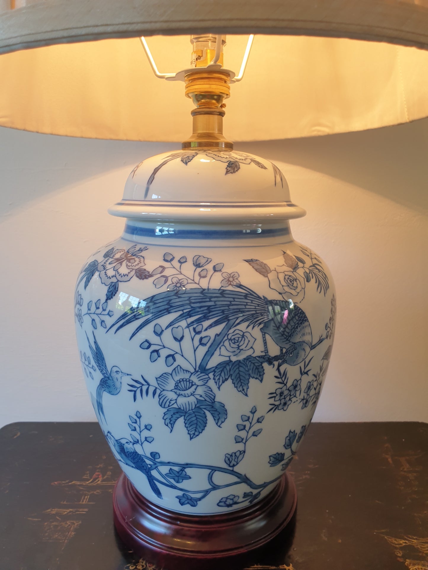 Chinese General Jar Table Lamp with Shade - Blue Tropical Birds - 55cm