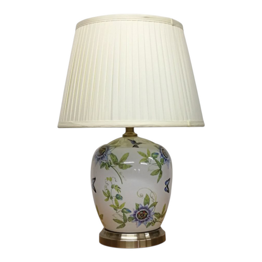Chinese Table Lamp - White Passion Flower Pattern with Shade - 52cm