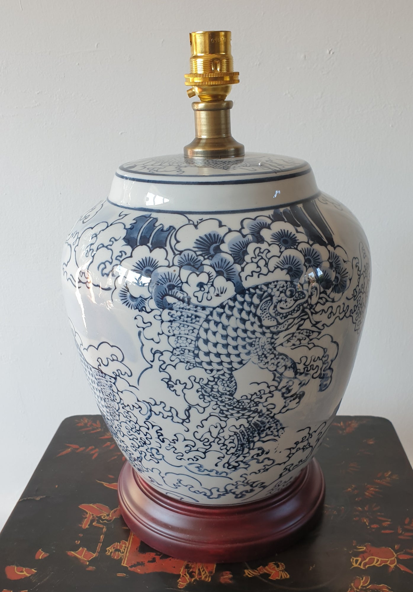 Pair of Chinese Ceramic Table Lamps with Shades - Blue Waves and Fish Pattern - 51cm