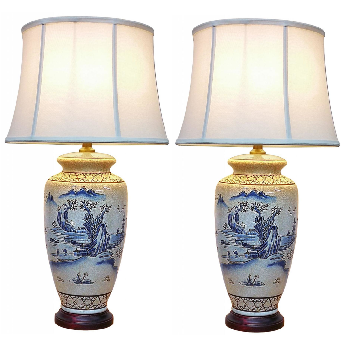 Pair of Chinese Ceramic Vase Lamps with Shades - Ancient Landscape - 69cm (DS)