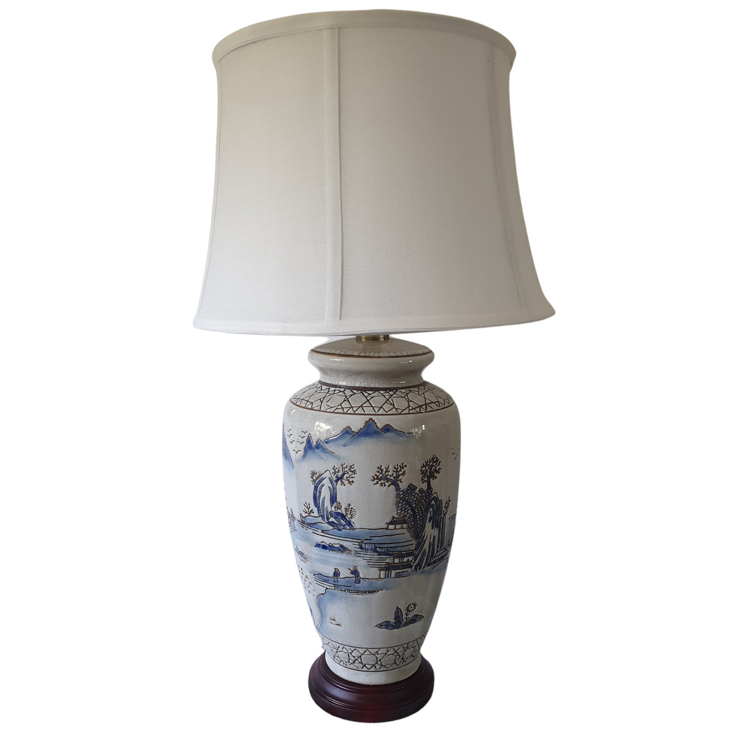 Pair of Chinese Ceramic Vase Lamps with Shades - Ancient Landscape - 69cm (DS)