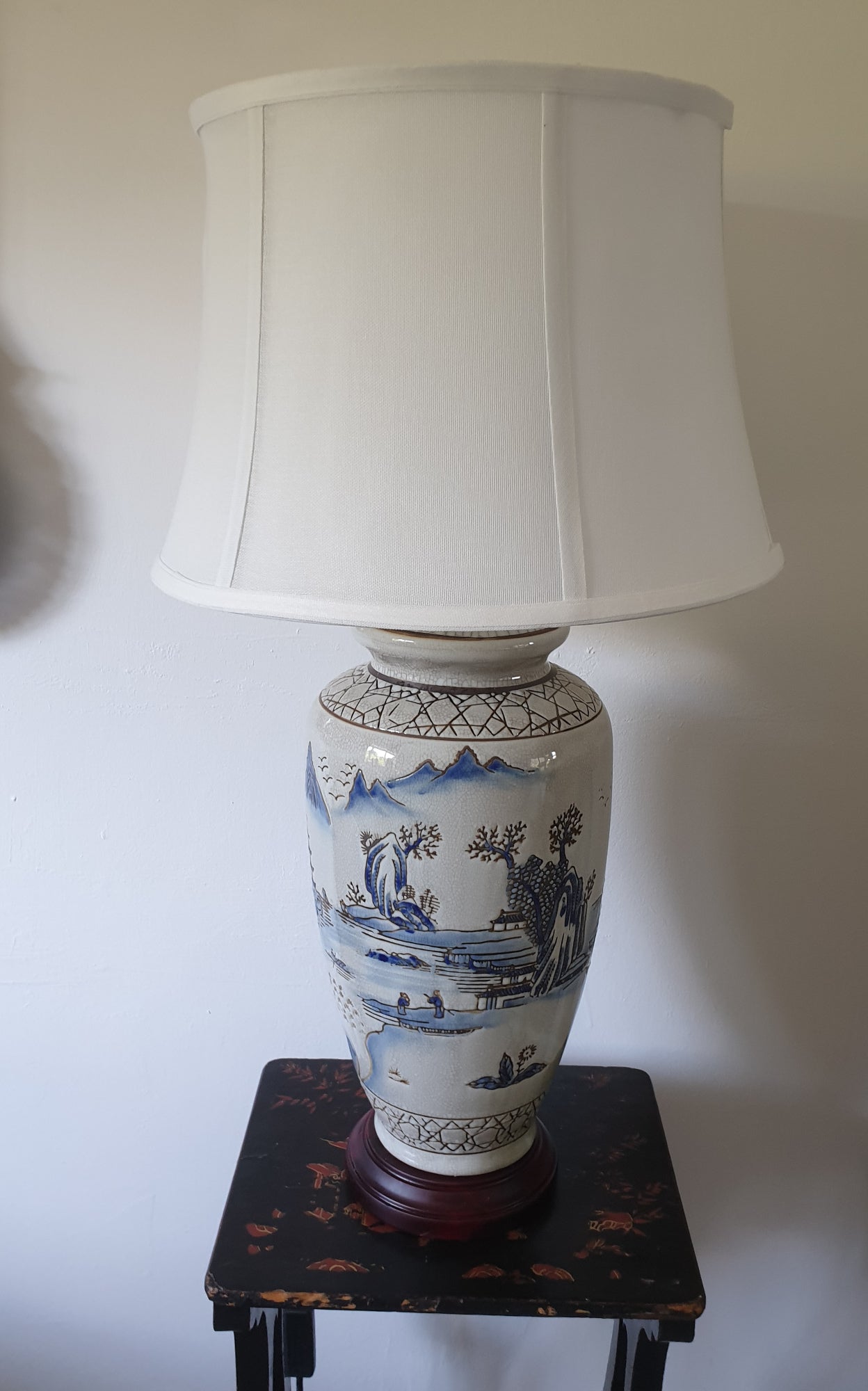 Pair of Chinese Ceramic Vase Lamps with Shades - Ancient Landscape - 69cm (DS)