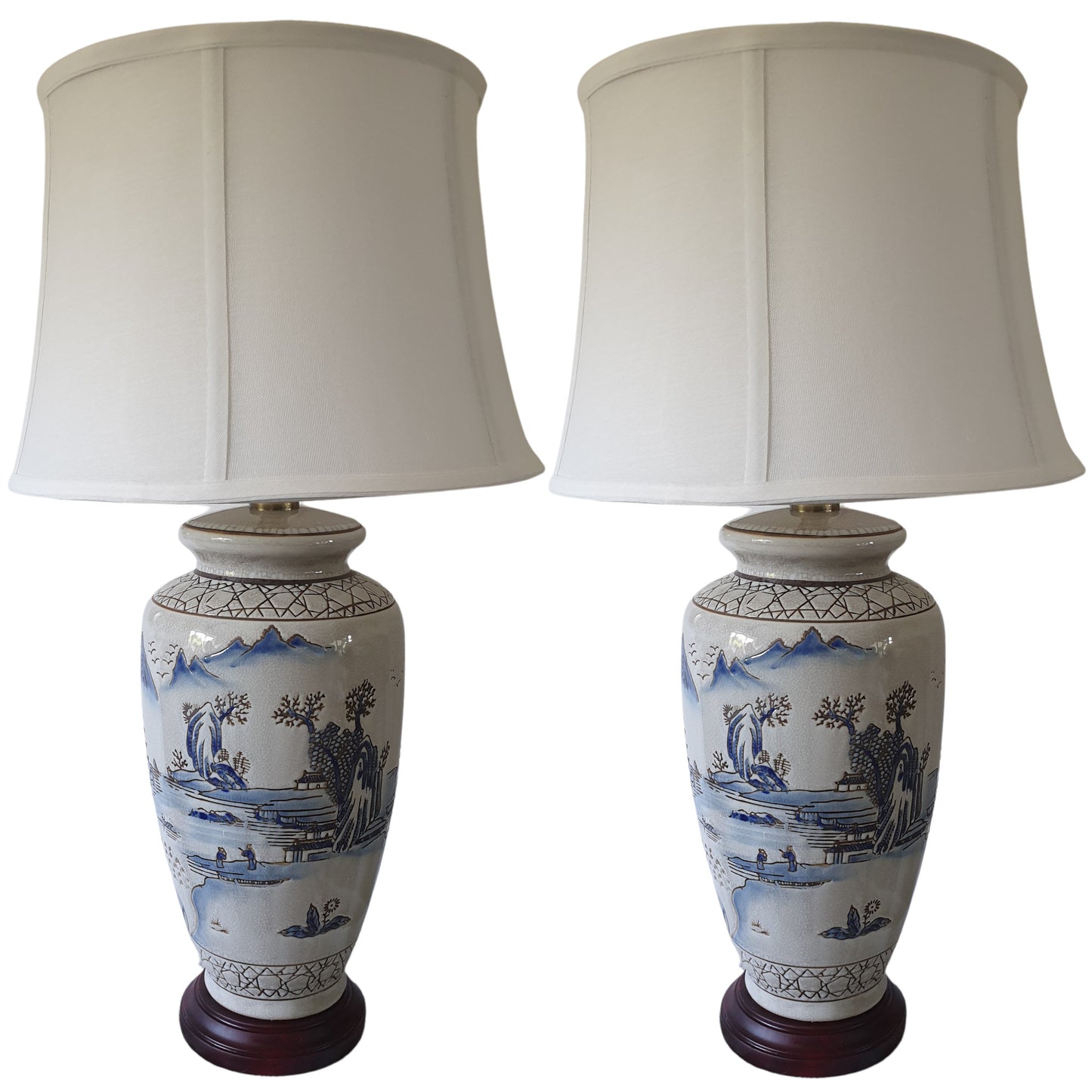 Pair of Chinese Ceramic Vase Lamps with Shades - Ancient Landscape - 69cm (DS)
