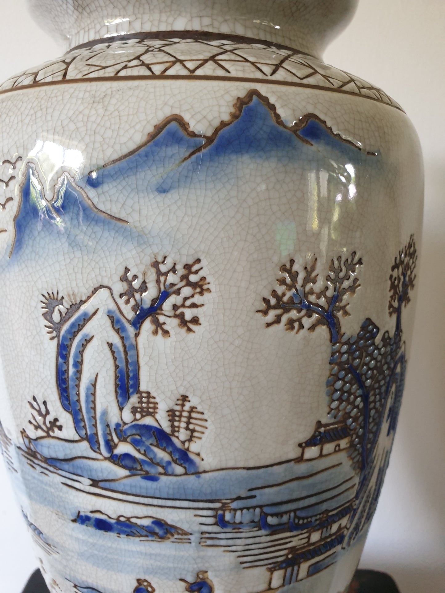 Pair of Chinese Ceramic Vase Lamps with Shades - Ancient Landscape - 69cm (DS)