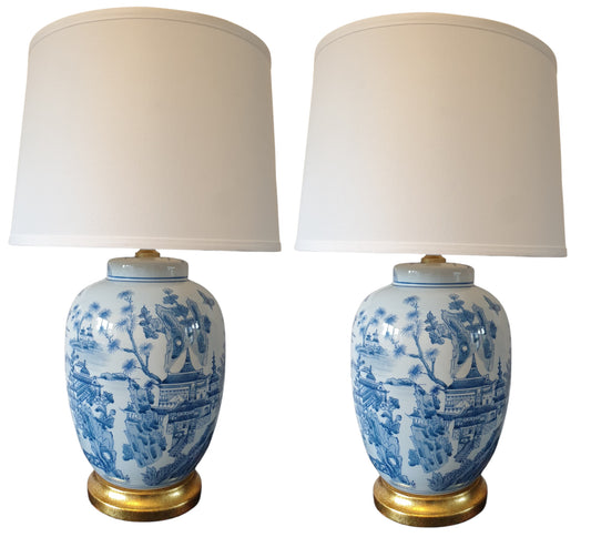 Pair of Chinese Table Lamps With Shades - Willow Landscape Pattern - 61cm