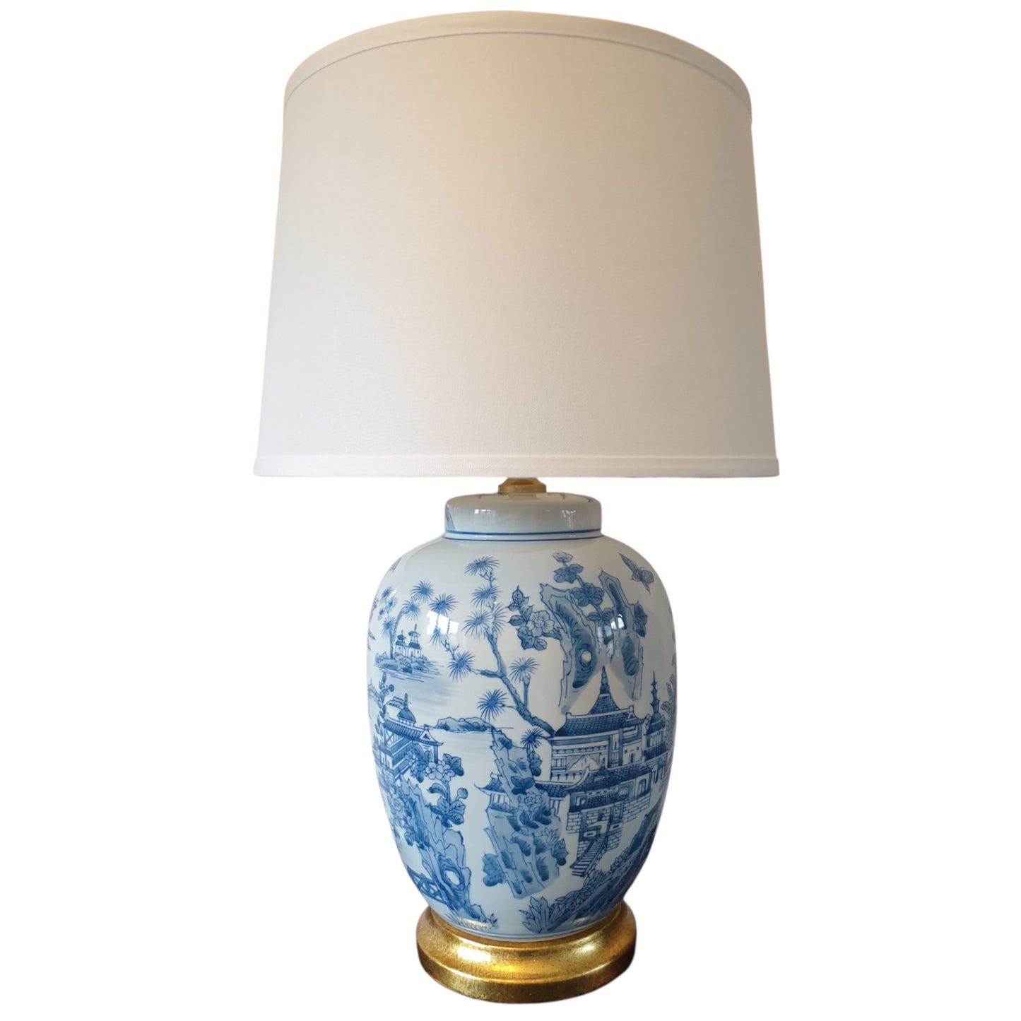 Pair of Chinese Table Lamps With Shades - Willow Landscape Pattern - 61cm (DS)