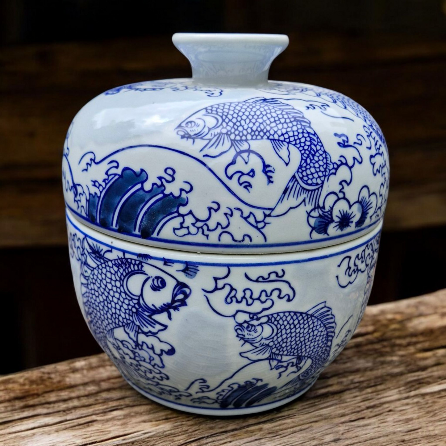 Chinese Lidded Storage Jar - Blue and White - Leaping Fish - Foaming Waves - 20cm