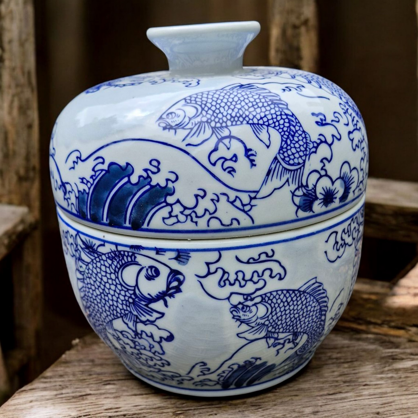 Chinese Lidded Storage Jar - Blue and White - Leaping Fish - Foaming Waves - 20cm