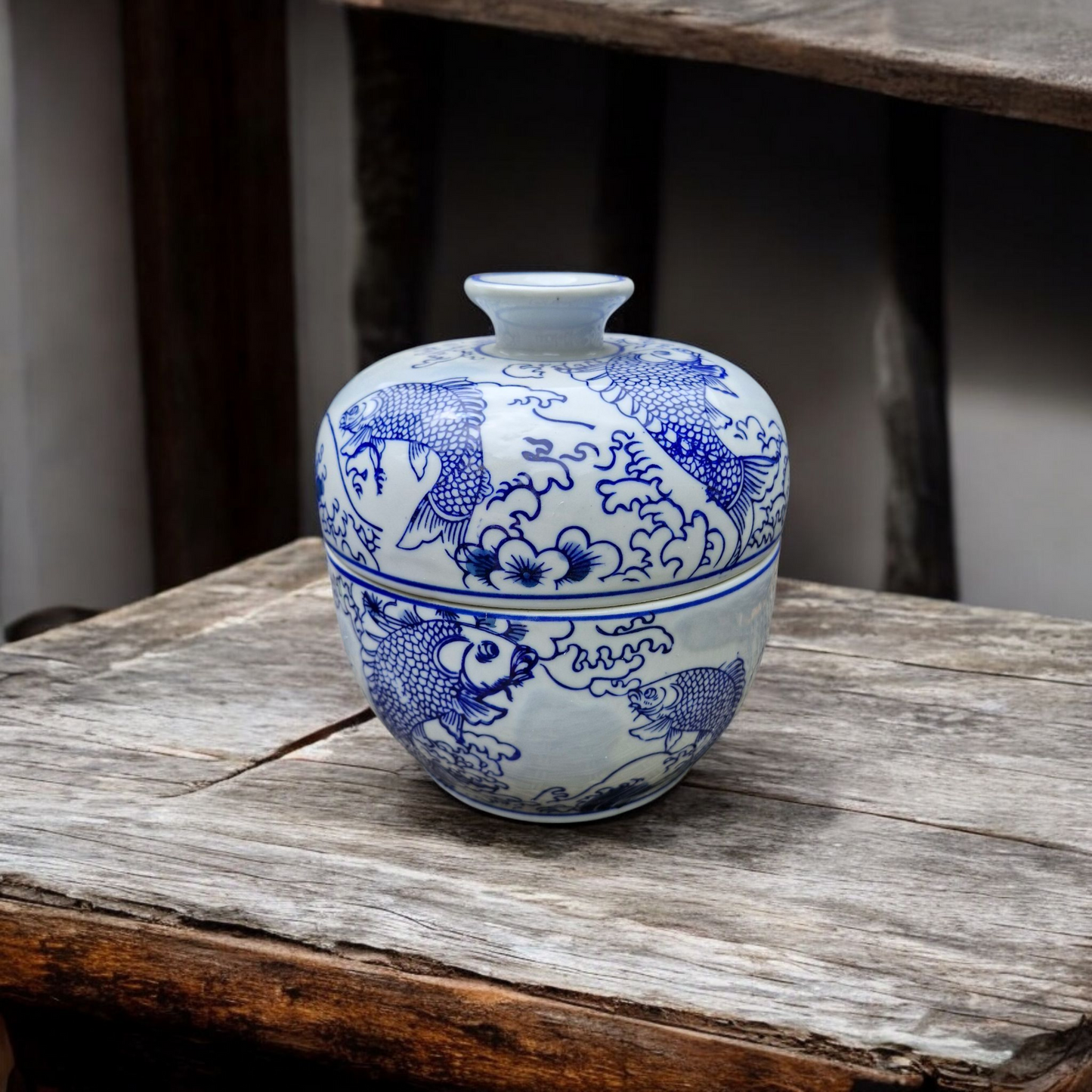 Chinese Lidded Storage Jar - Blue and White - Leaping Fish - Foaming Waves - 20cm