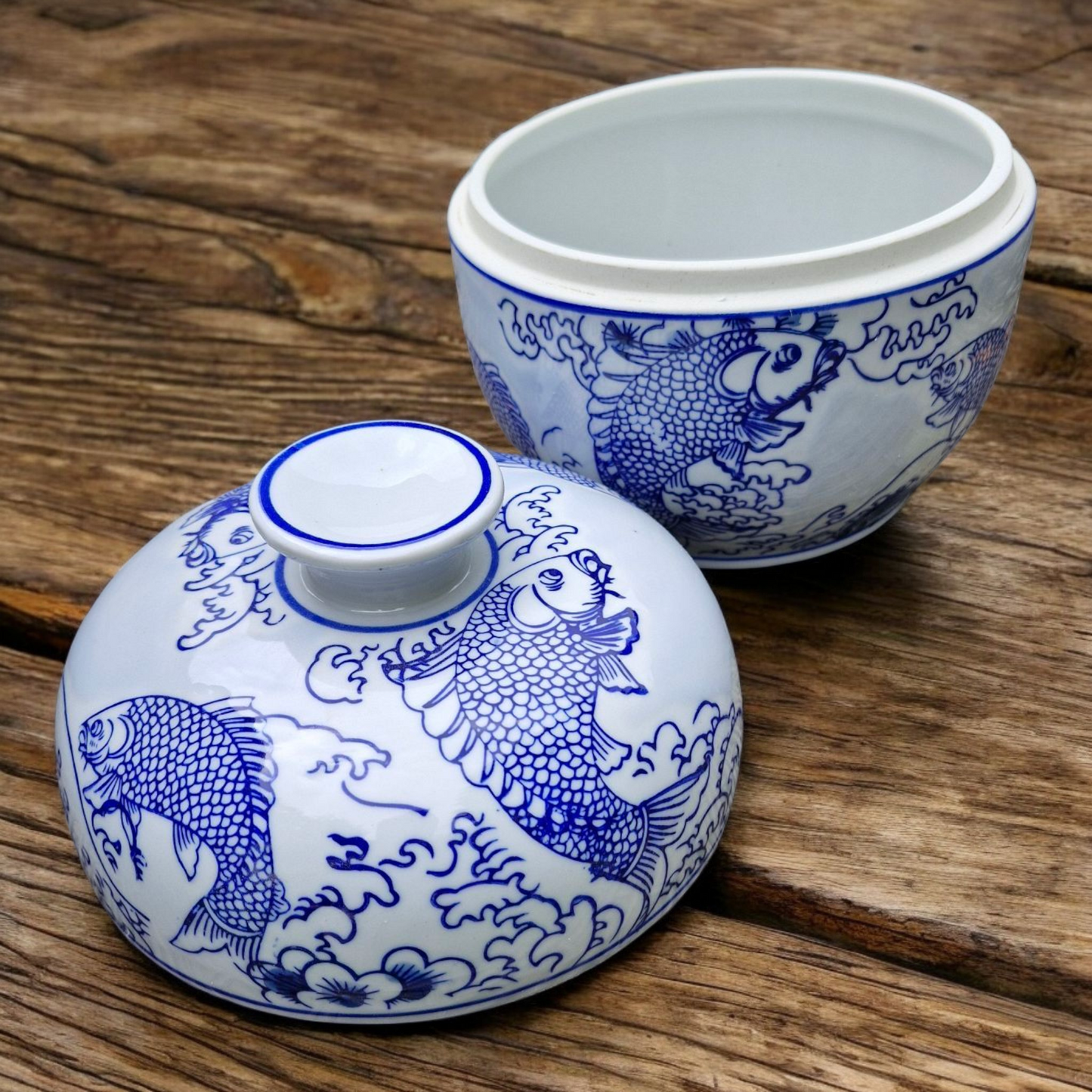 Chinese Lidded Storage Jar - Blue and White - Leaping Fish - Foaming Waves - 20cm
