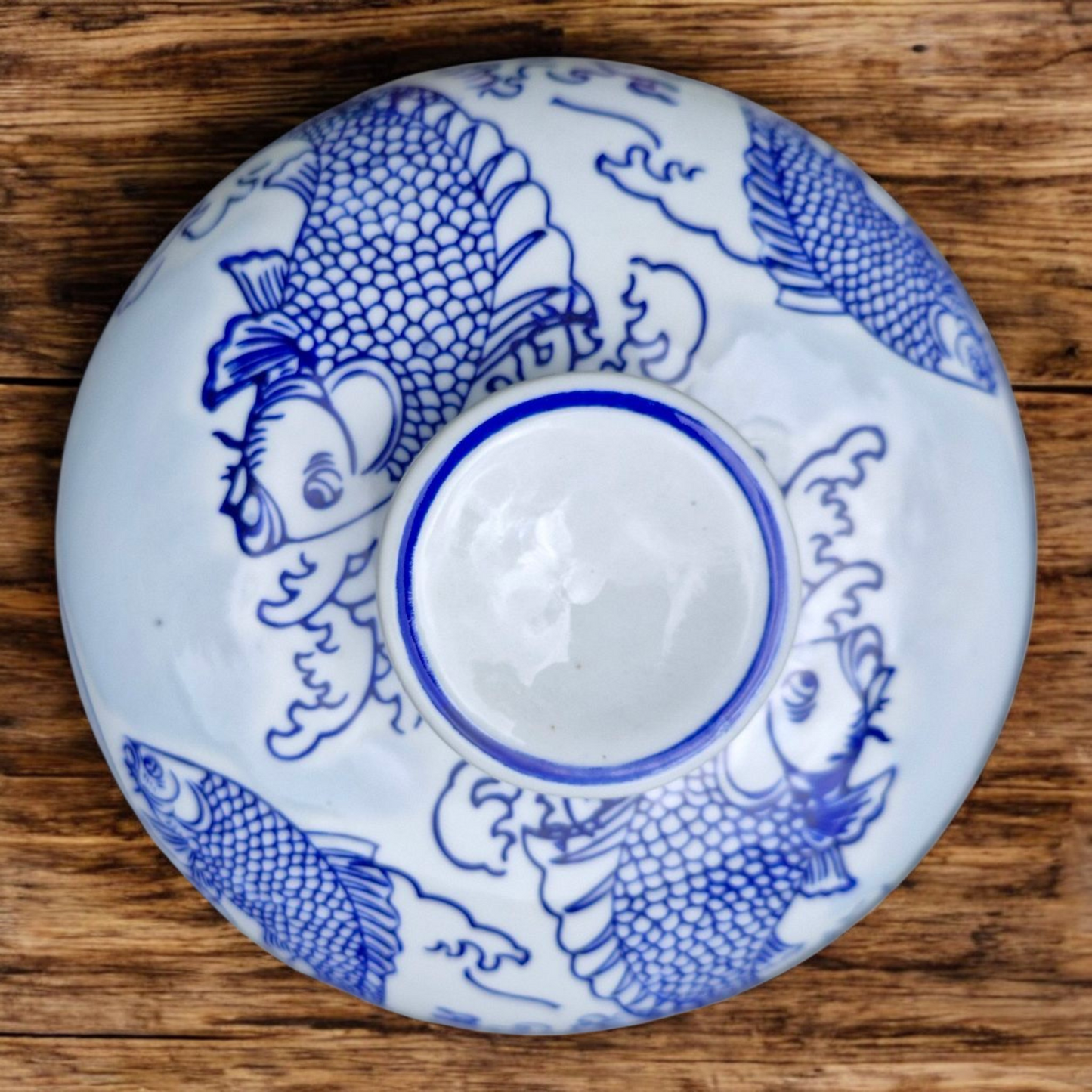 Chinese Lidded Storage Jar - Blue and White - Leaping Fish - Foaming Waves - 20cm