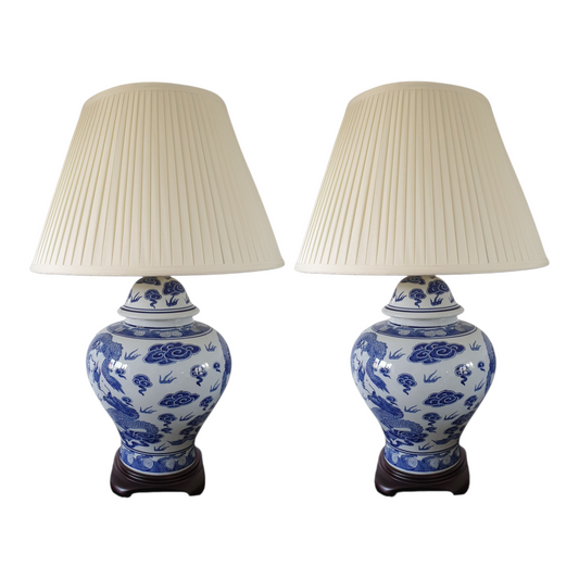Pair of Chinese Jar Table Lamps with Shades - Blue and White Dragons 69cm