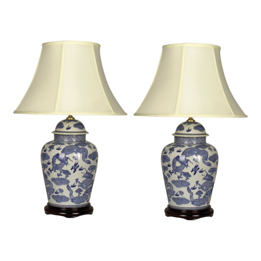 Pair of Chinese Tall Jar Table Lamps with Shades - Blue Dragons - 60cm