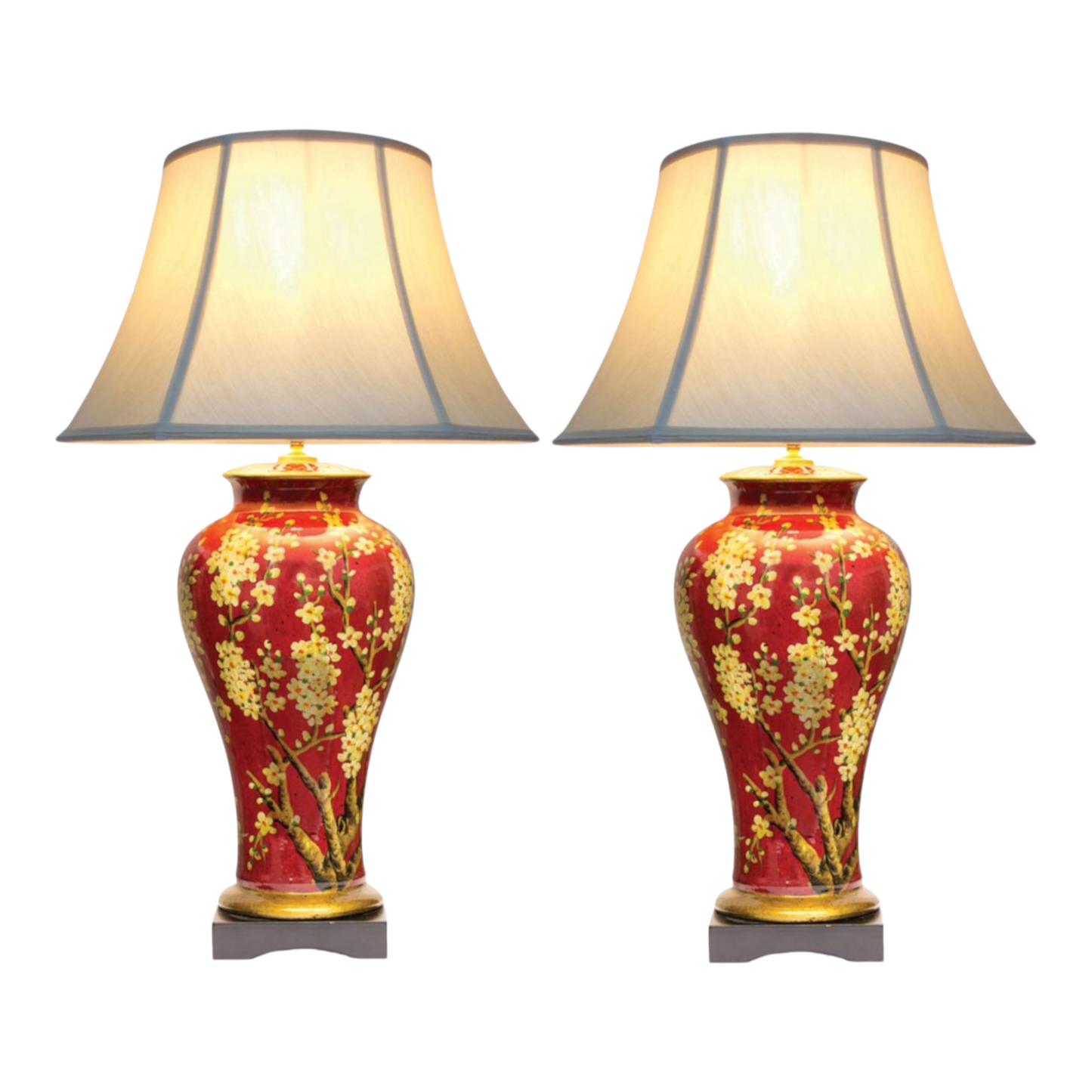 Pair of Chinese Jar Table Lamps with Pale Shades - Red Jasmine Blossom