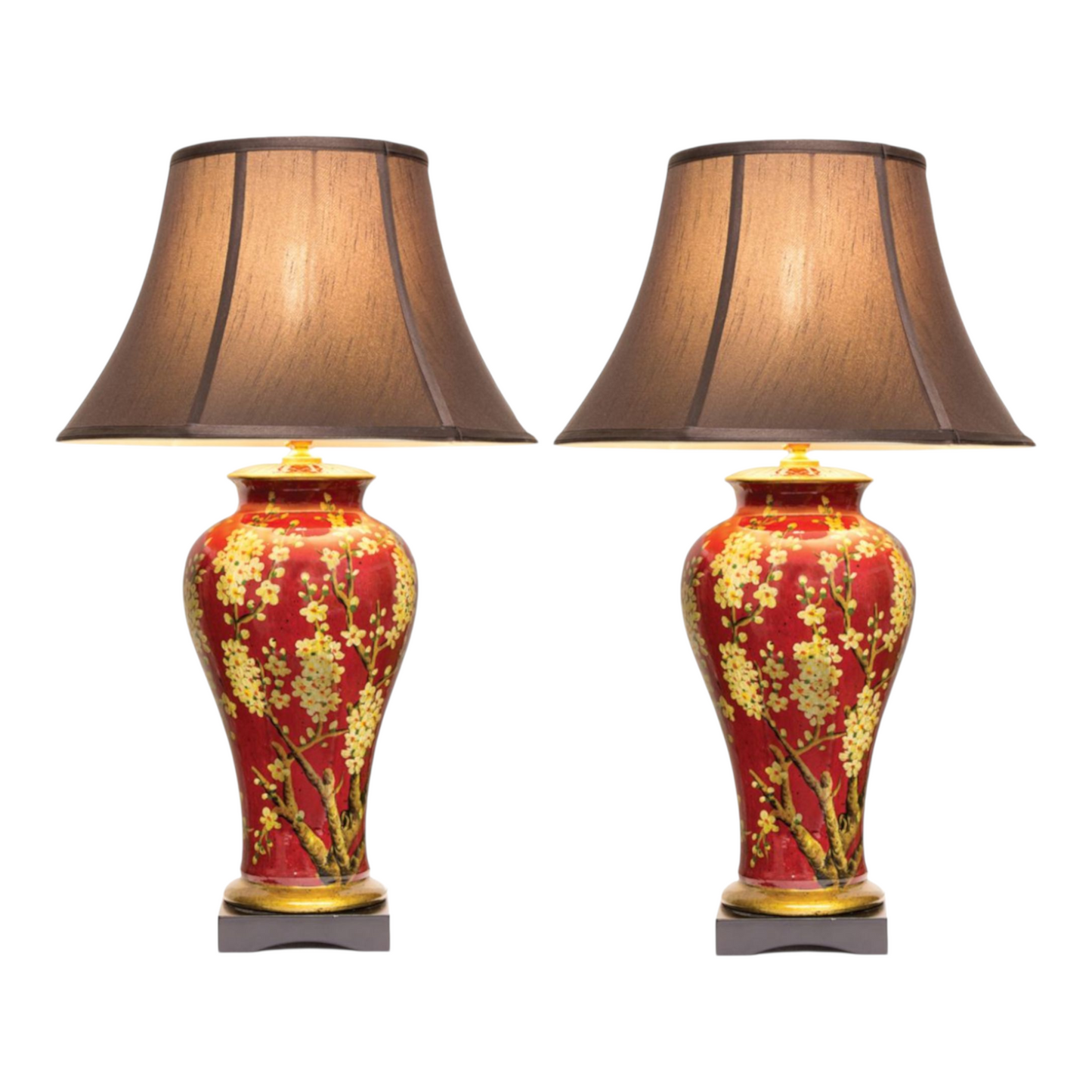 Pair of Chinese Jar Table Lamps with Dark Shades - Red Jasmine Blossom