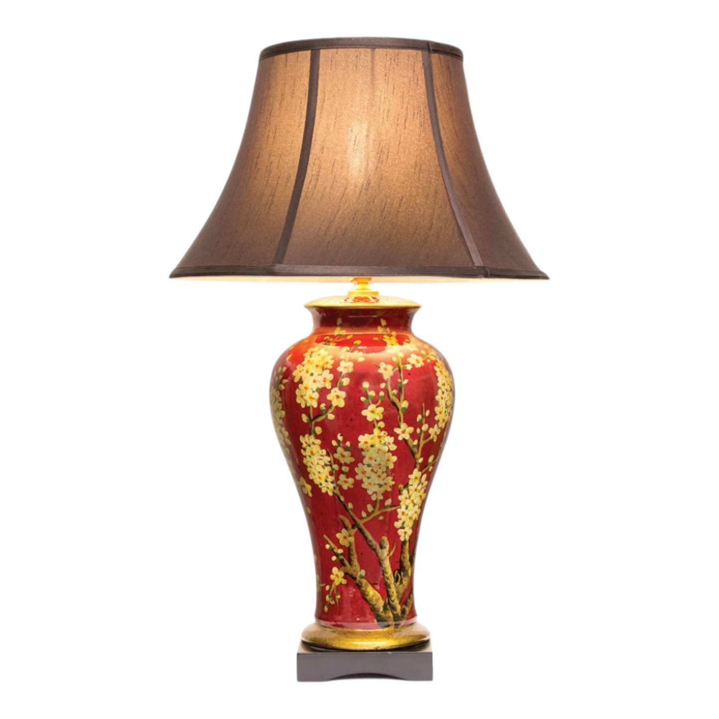 Pair of Chinese Jar Table Lamps with Dark Shades - Red Jasmine Blossom