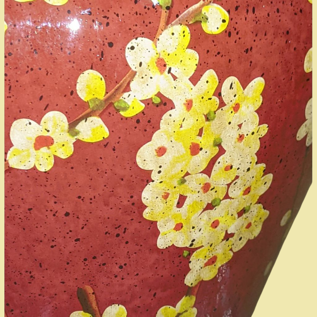 Pair of Chinese Jar Table Lamps with Dark Shades - Red Jasmine Blossom