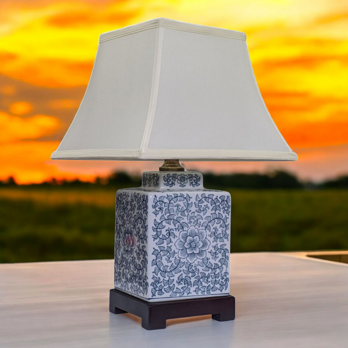 Chinese Tea Caddy Table Lamp with Shade - Blue Anemone - 42cm