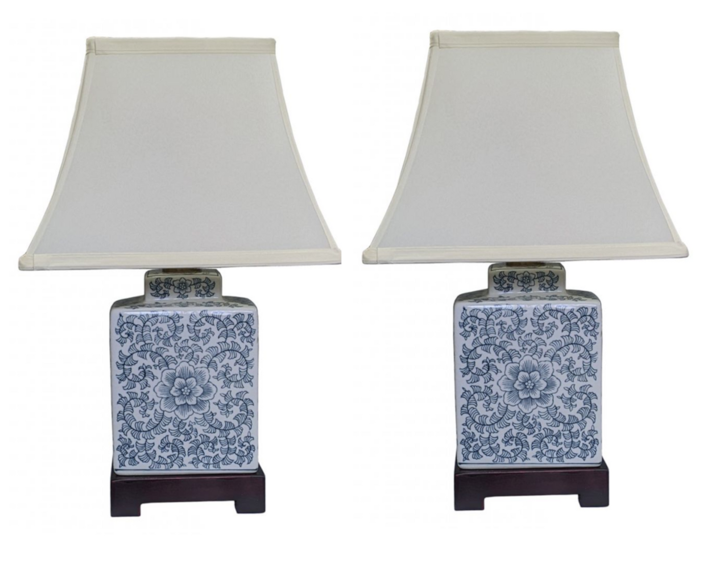 Pair of Chinese Tea Caddy Table Lamps with Shades - Blue Anemone - 42cm