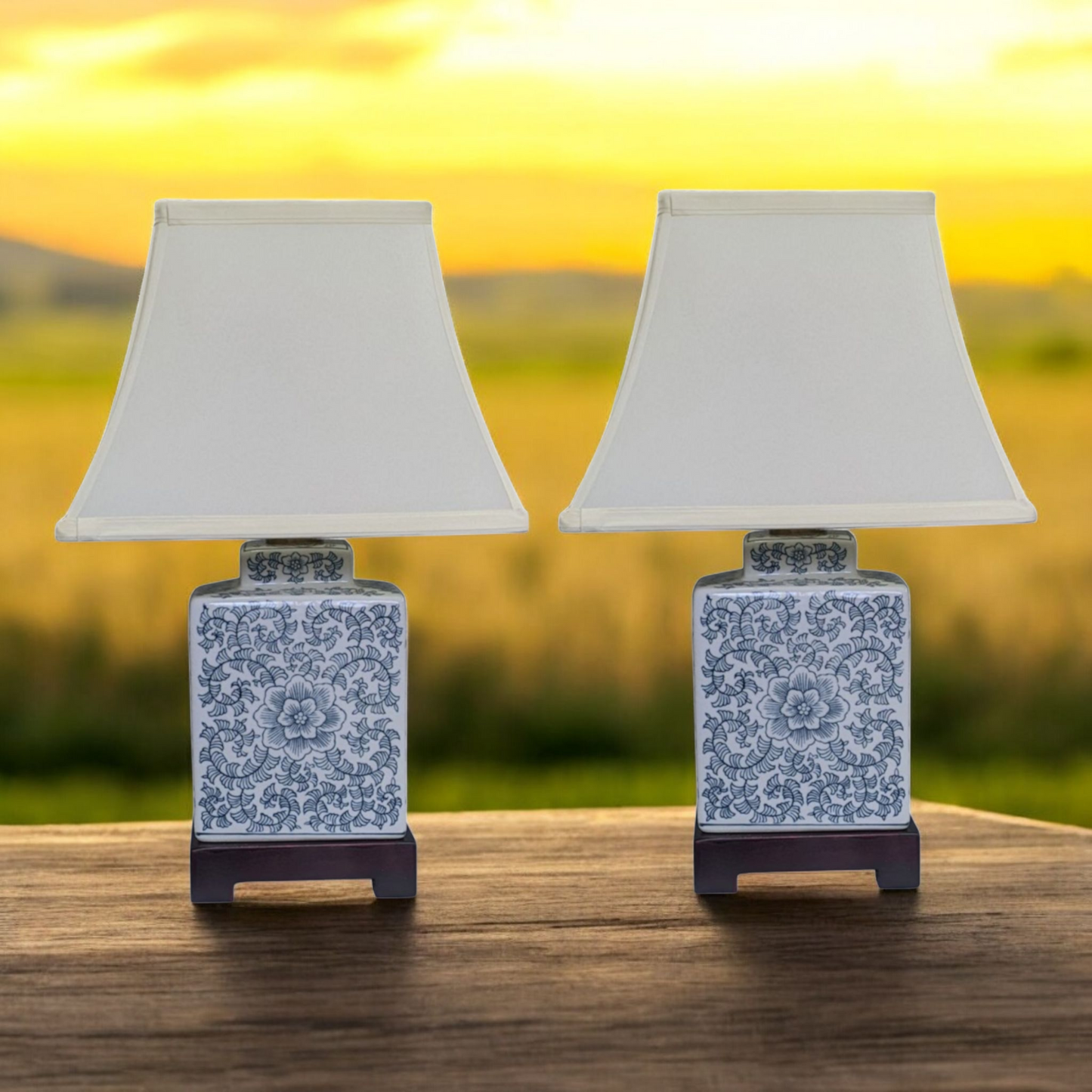 Pair of Chinese Tea Caddy Table Lamps with Shades - Blue Anemone - 42cm