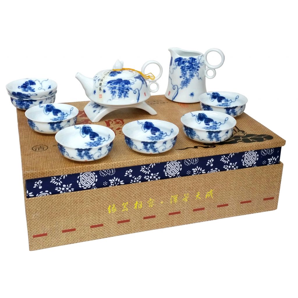 Chinese Blue and White Glory Luxury Tea Set with Jug and Strainer - Gift Boxed