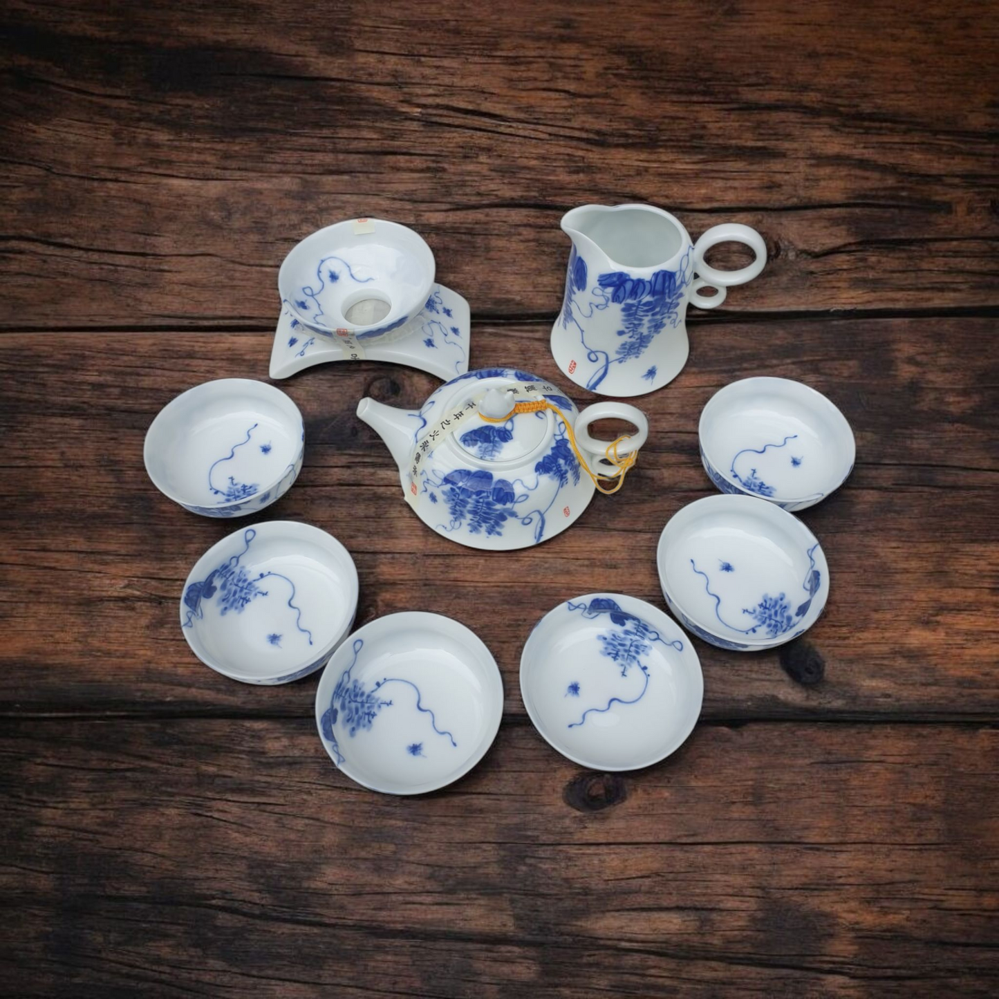 Chinese Blue and White Glory Luxury Tea Set with Jug and Strainer - Gift Boxed