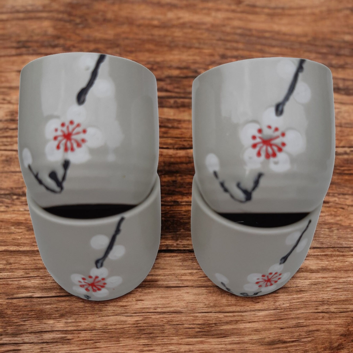Sake Set with Grey Blossom Sprig Pattern - Ceramic Flask and Cups - Boxed
