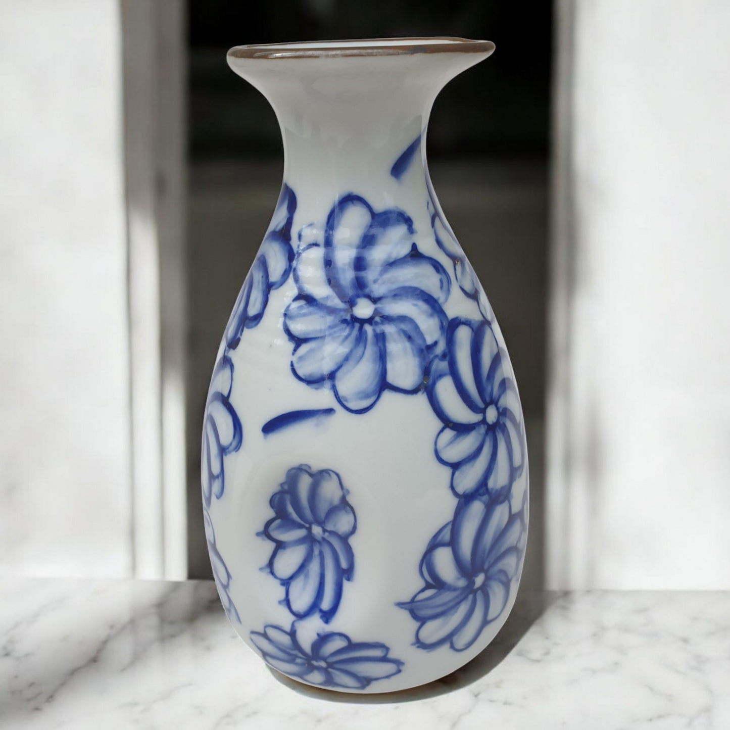 Sake Set with Blue Floral Pattern - Ceramic Flask and Cups - Boxed
