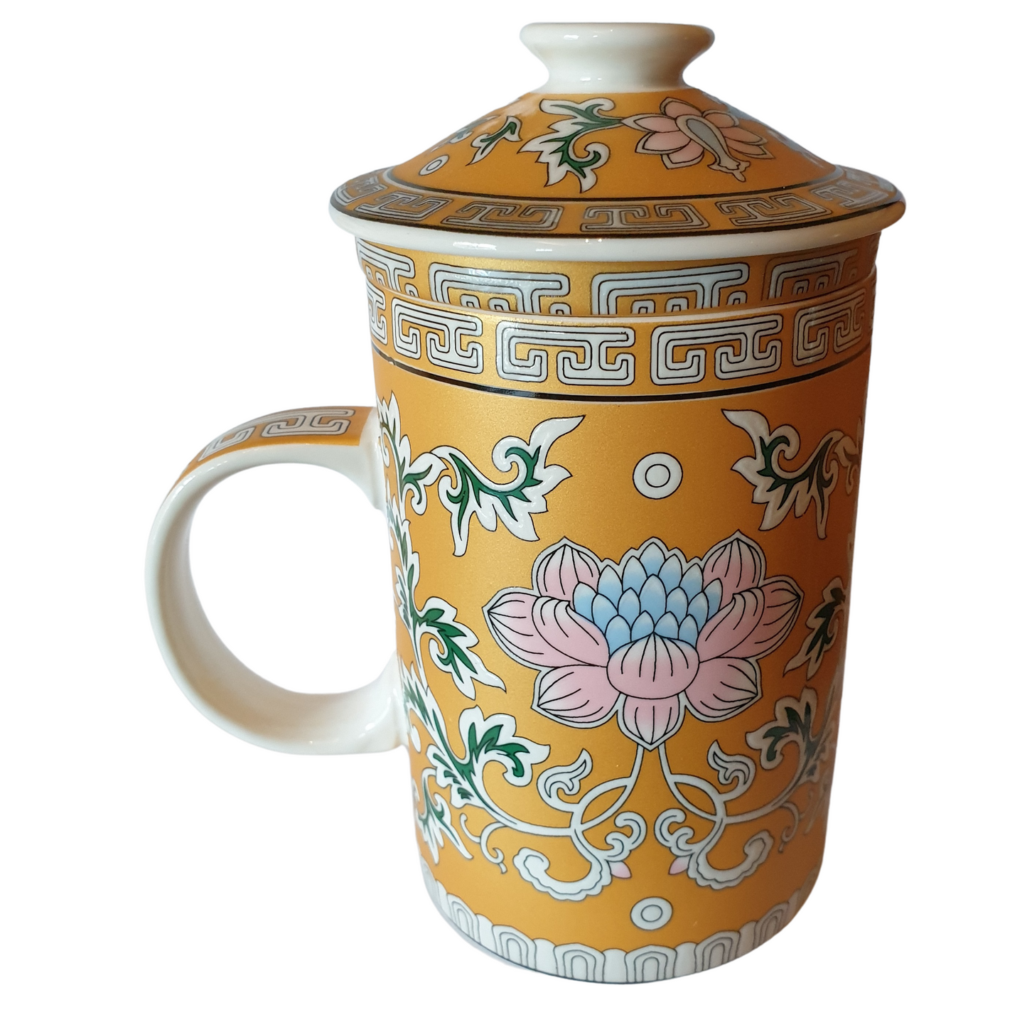 Porcelain Chinese Tea Mug with Infuser and Lid - Lotus Flower Pattern