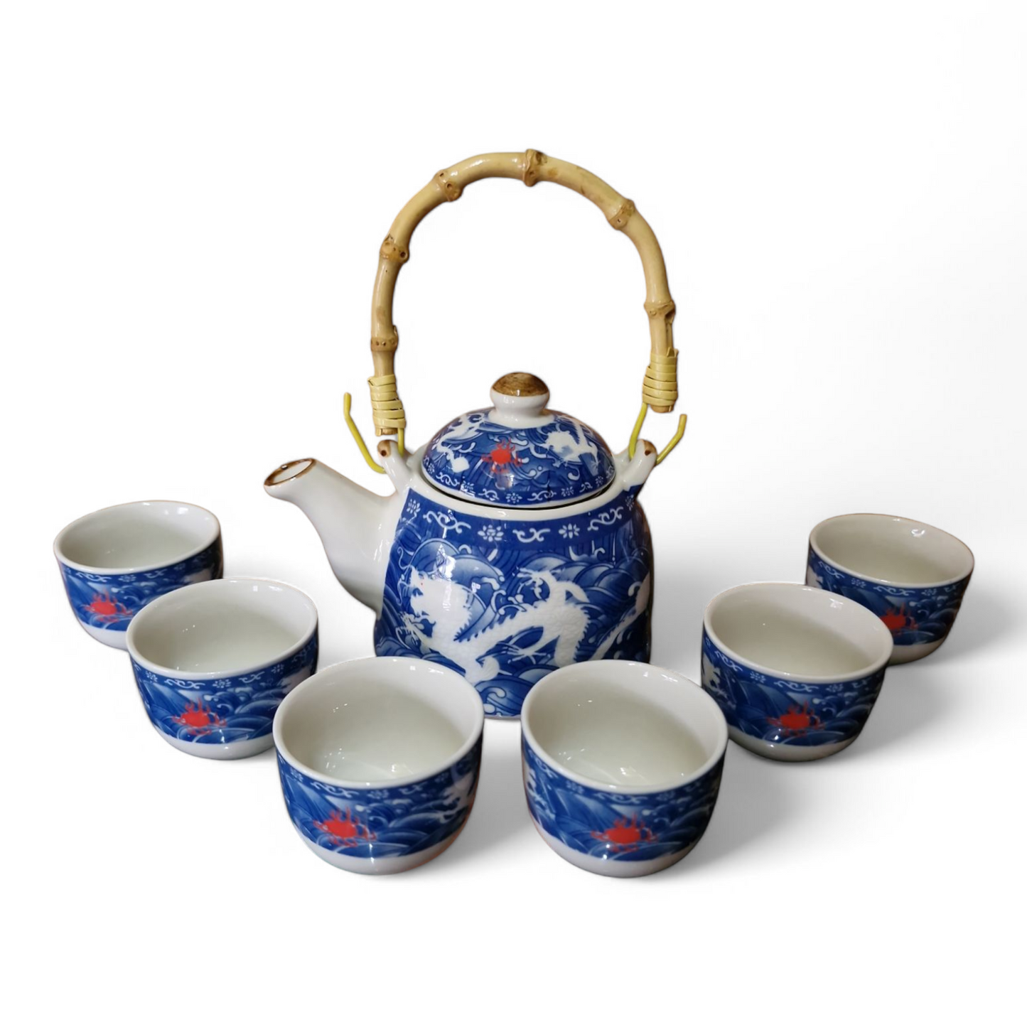 Chinese Tea Set - Blue and White Double Dragon Pattern - 6 Small Cups - Gift Box