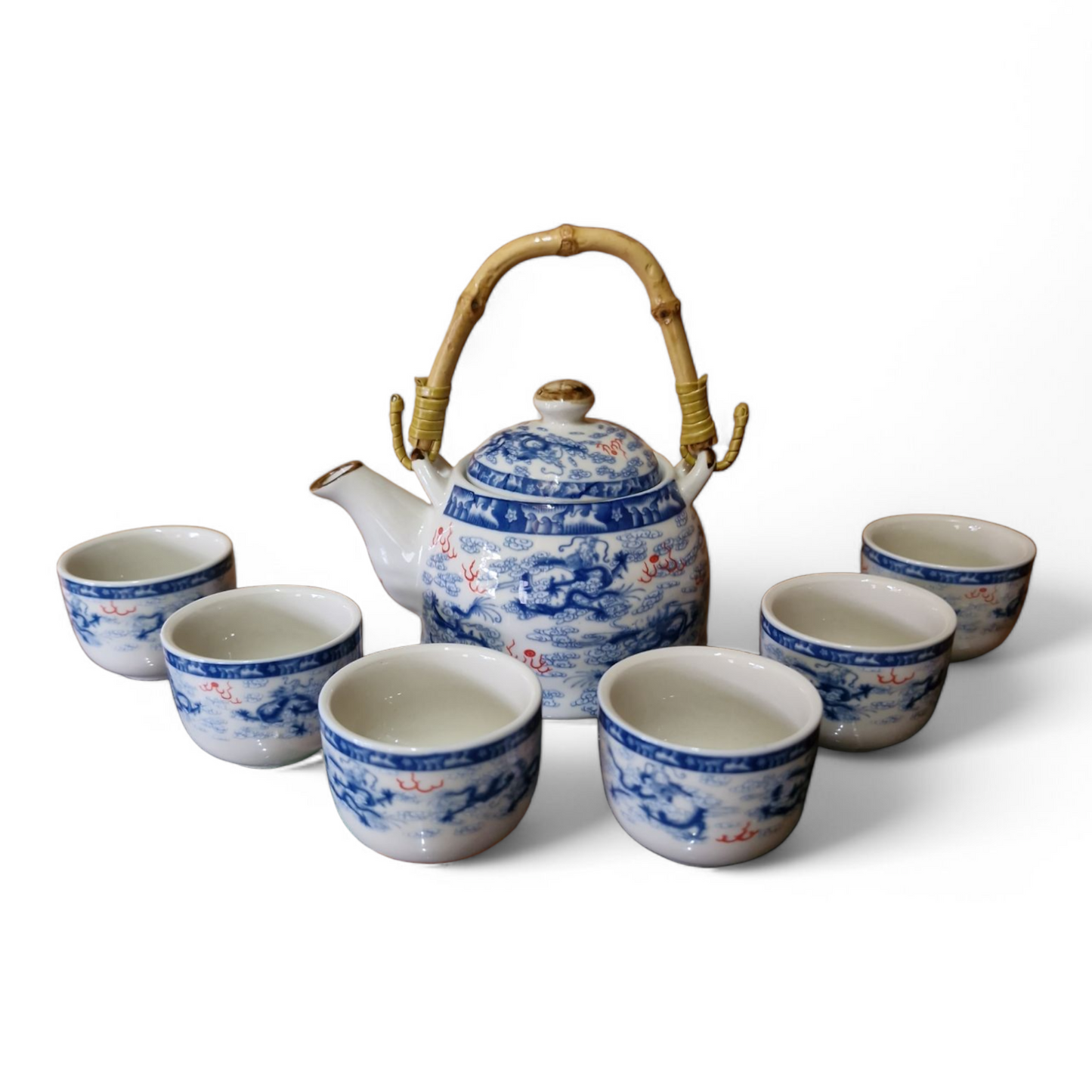 Chinese Tea Set - Blue and White - Nine Dragon Pattern - 6 Small Cups - Gift Box