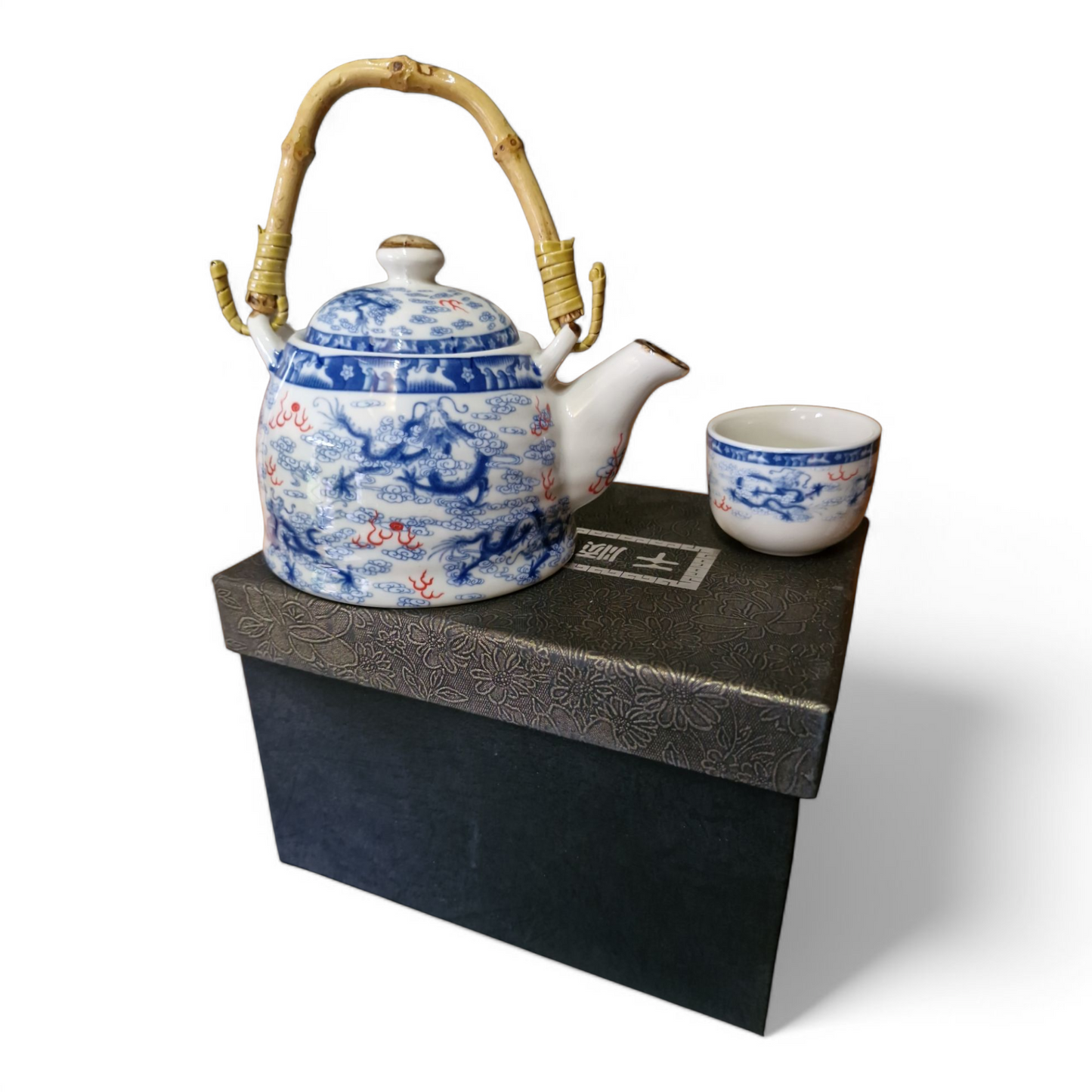 Chinese Tea Set - Blue and White - Nine Dragon Pattern - 6 Small Cups - Gift Box