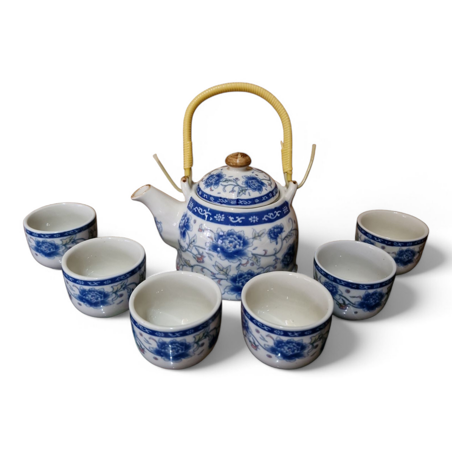 Chinese Tea Set - Blue and White - Peony Pattern - 6 Small Cups - Gift Box