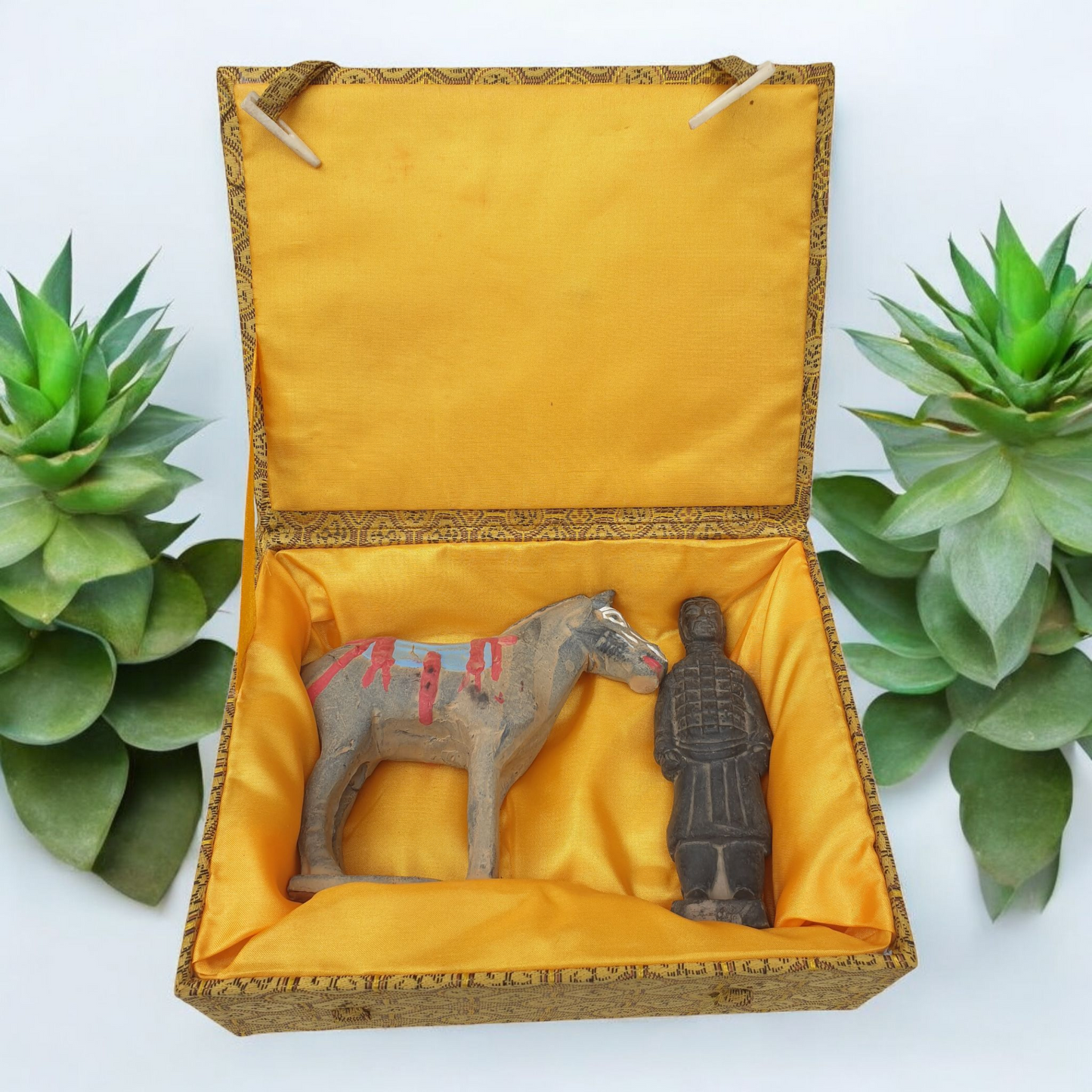 Terracotta Warrior and Horse - Set of 2 Figures - 12cm - Brocade Gift Box