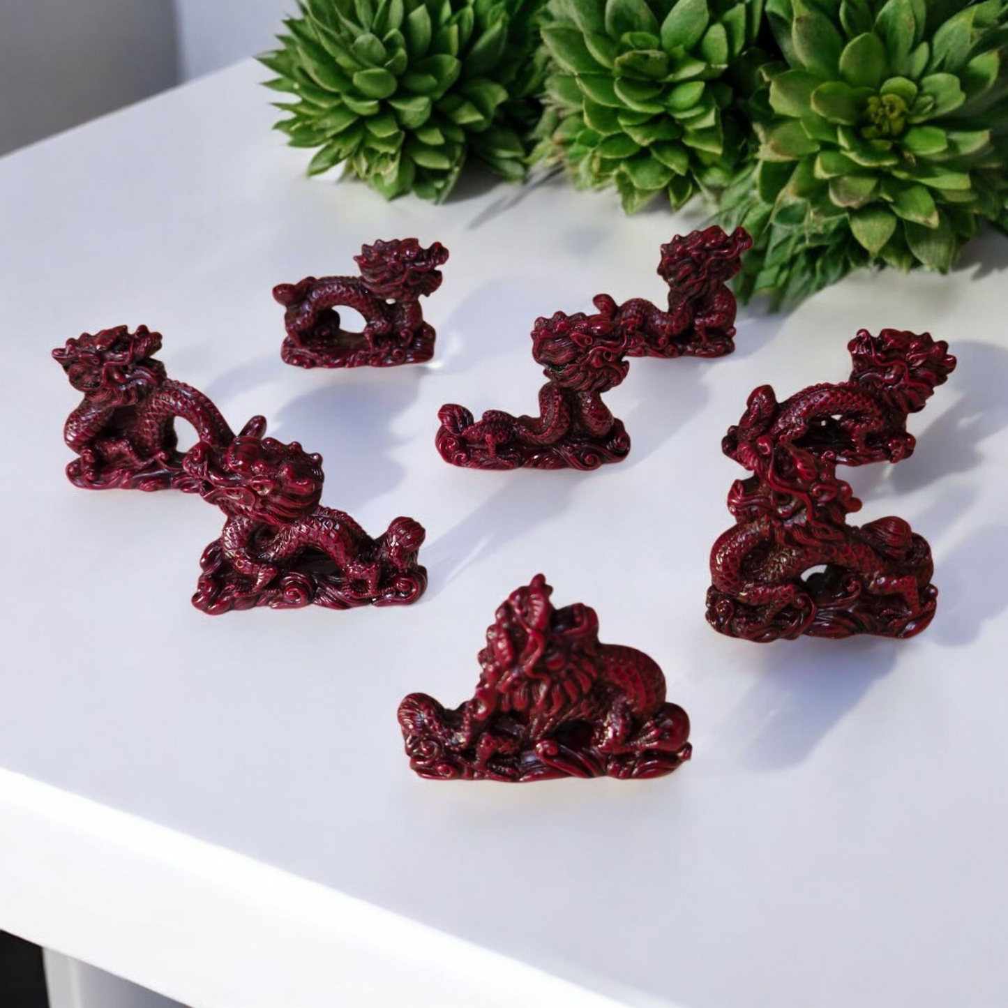 Chinese Dragon Statues - 7cm - Set of 8 - Red Resin - Feng Shui