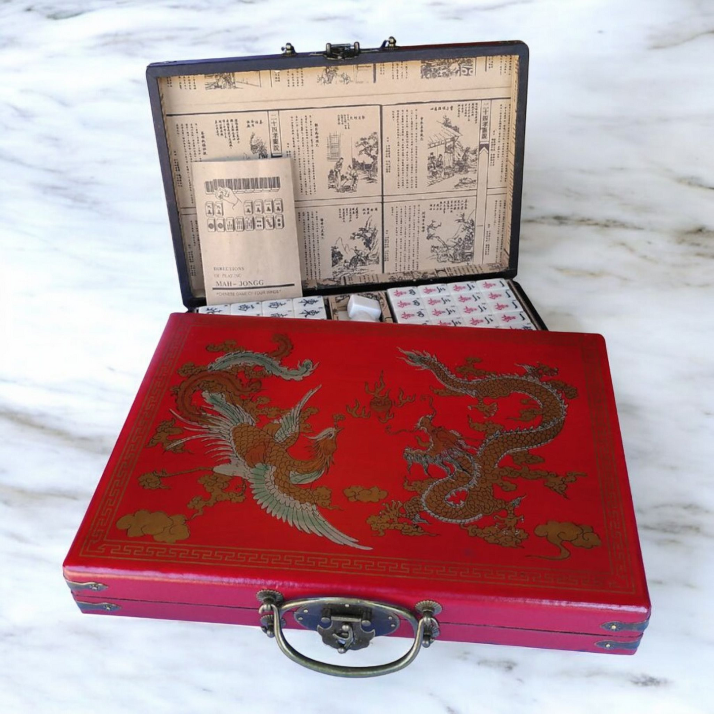 Chinese Mahjong Game - Large Set - Leatherette Dragon and Phoenix Case
