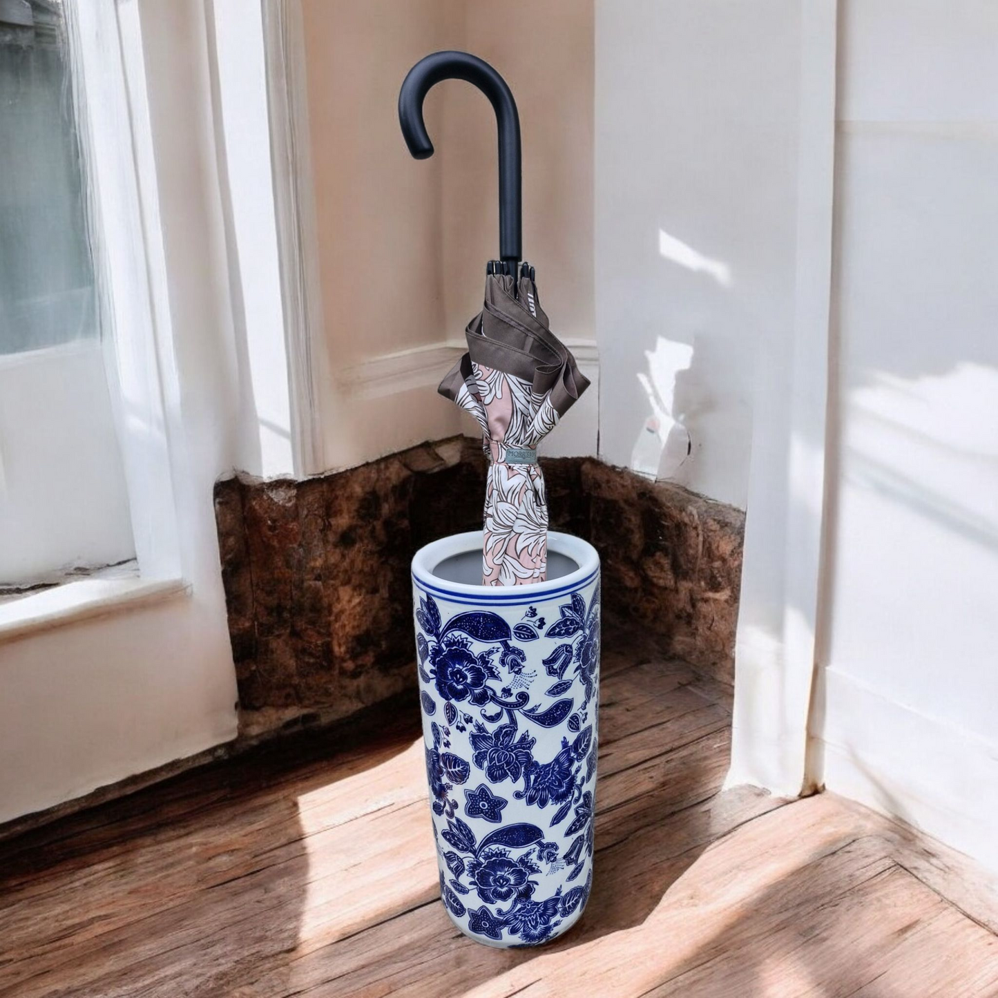 Umbrella Stand / Stick Holder - Ceramic - Blue Leaf Pattern - 44cm