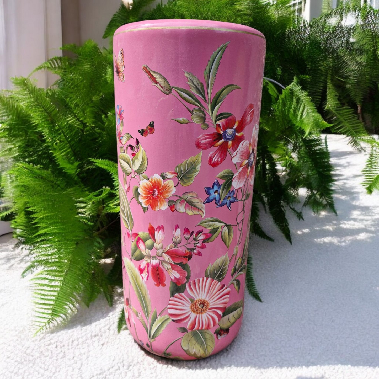 Umbrella Stand / Stick Holder - Ceramic - Pink Floral - Butterfly Pattern - 44cm