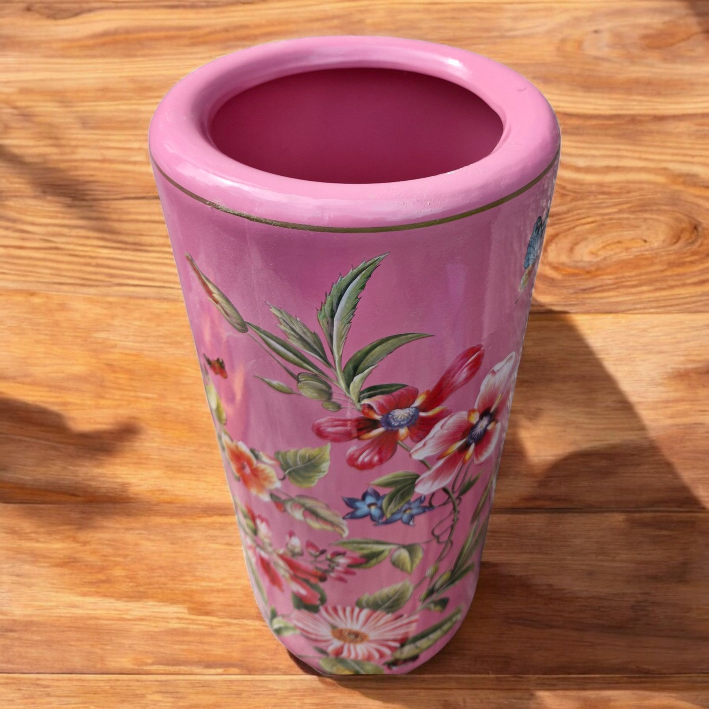 Umbrella Stand / Stick Holder - Ceramic - Pink Floral - Butterfly Pattern - 44cm