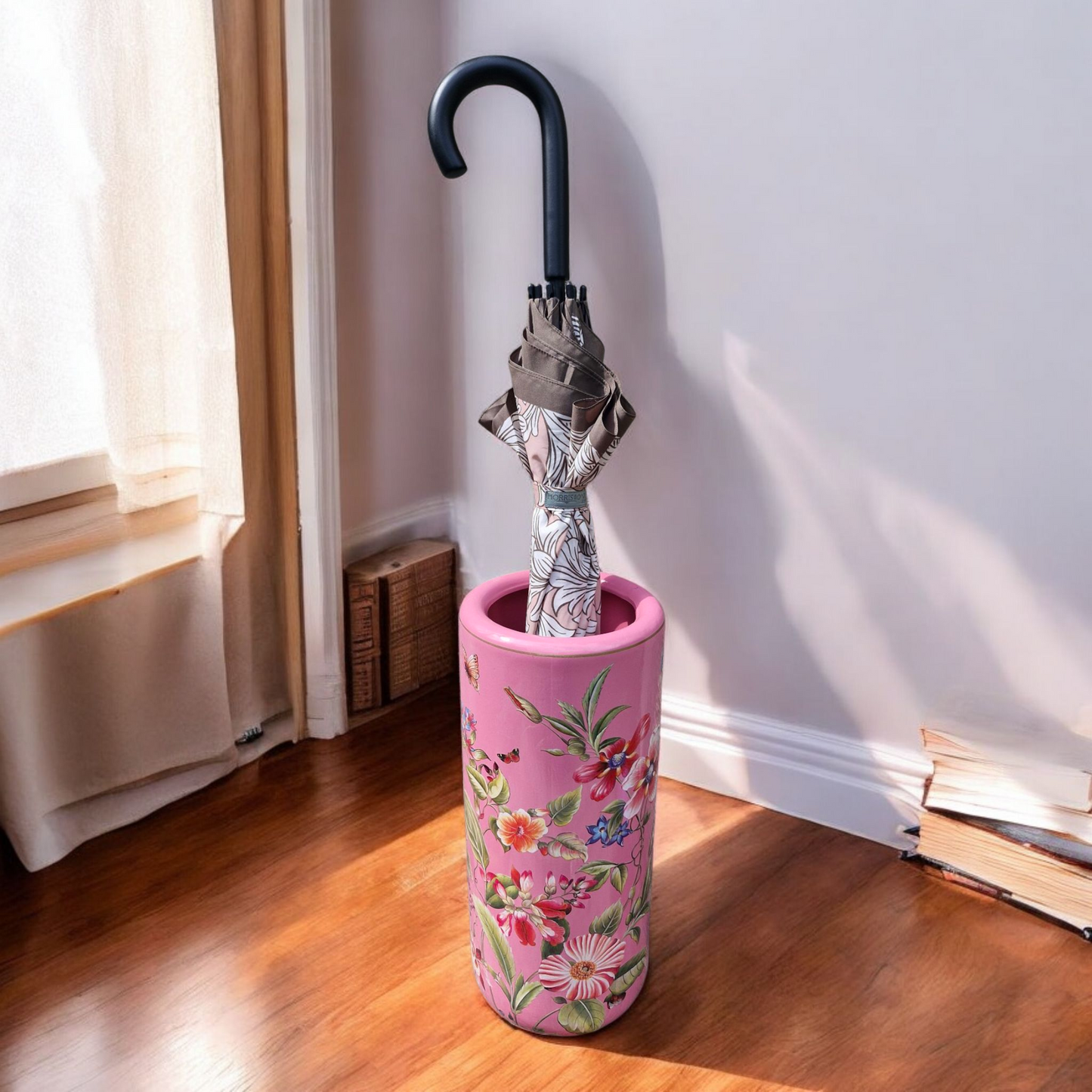 Umbrella Stand / Stick Holder - Ceramic - Pink Floral - Butterfly Pattern - 44cm