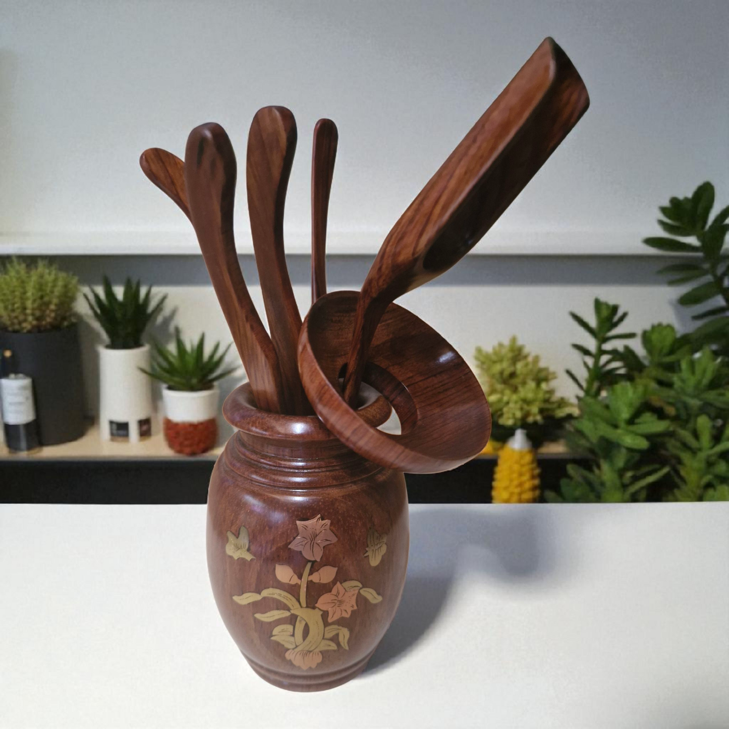 Chinese Tea Tools Set - Inlaid Padauk Wood Holder and Four Tea Tools