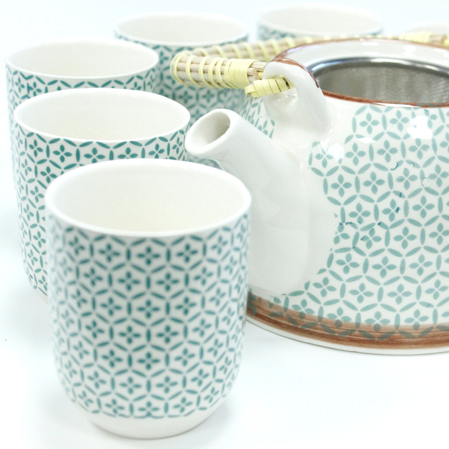 Chinese Herbal Tea Set - Green Mosaic Pattern - 6 Cups and Infuser - Boxed
