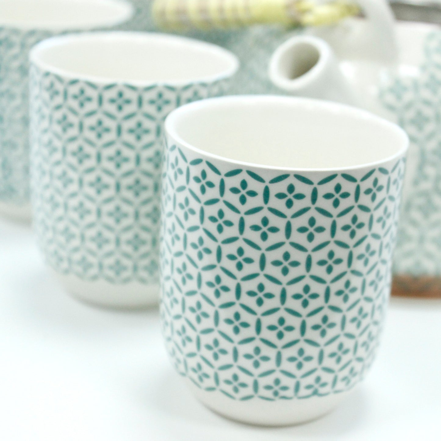 Chinese Herbal Tea Set - Green Mosaic Pattern - 6 Cups and Infuser - Boxed