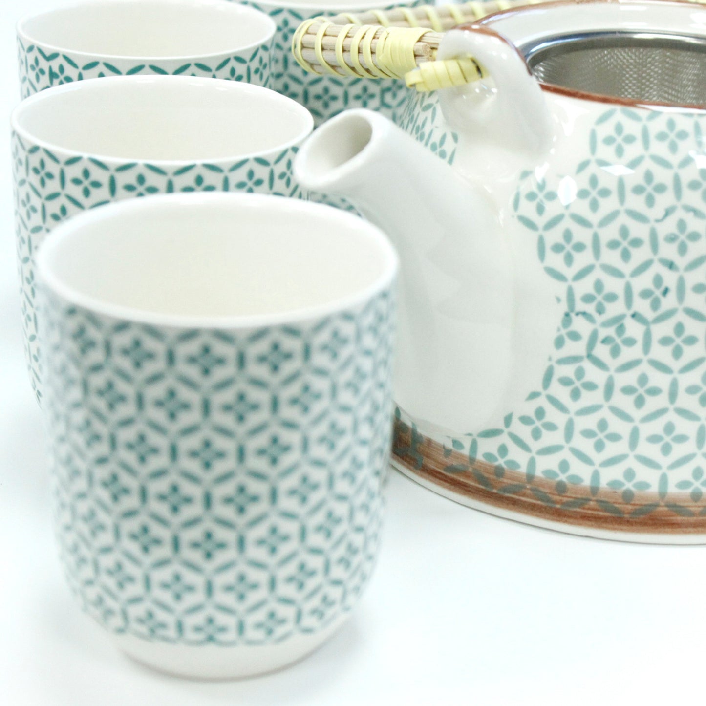 Chinese Herbal Tea Set - Green Mosaic Pattern - 6 Cups and Infuser - Boxed