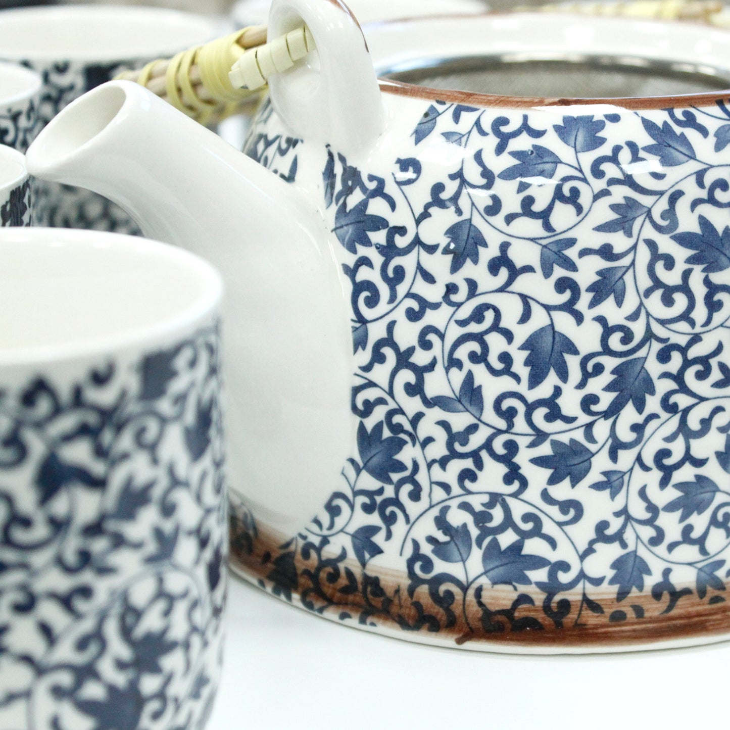 Chinese Herbal Tea Set - Blue Vine Pattern - 6 Cups and Infuser - Boxed