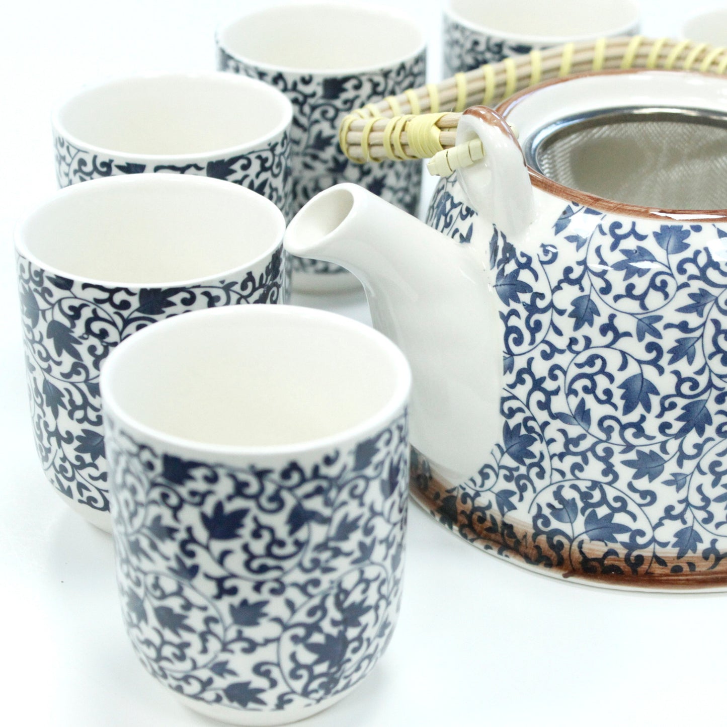 Chinese Herbal Tea Set - Blue Vine Pattern - 6 Cups and Infuser - Boxed