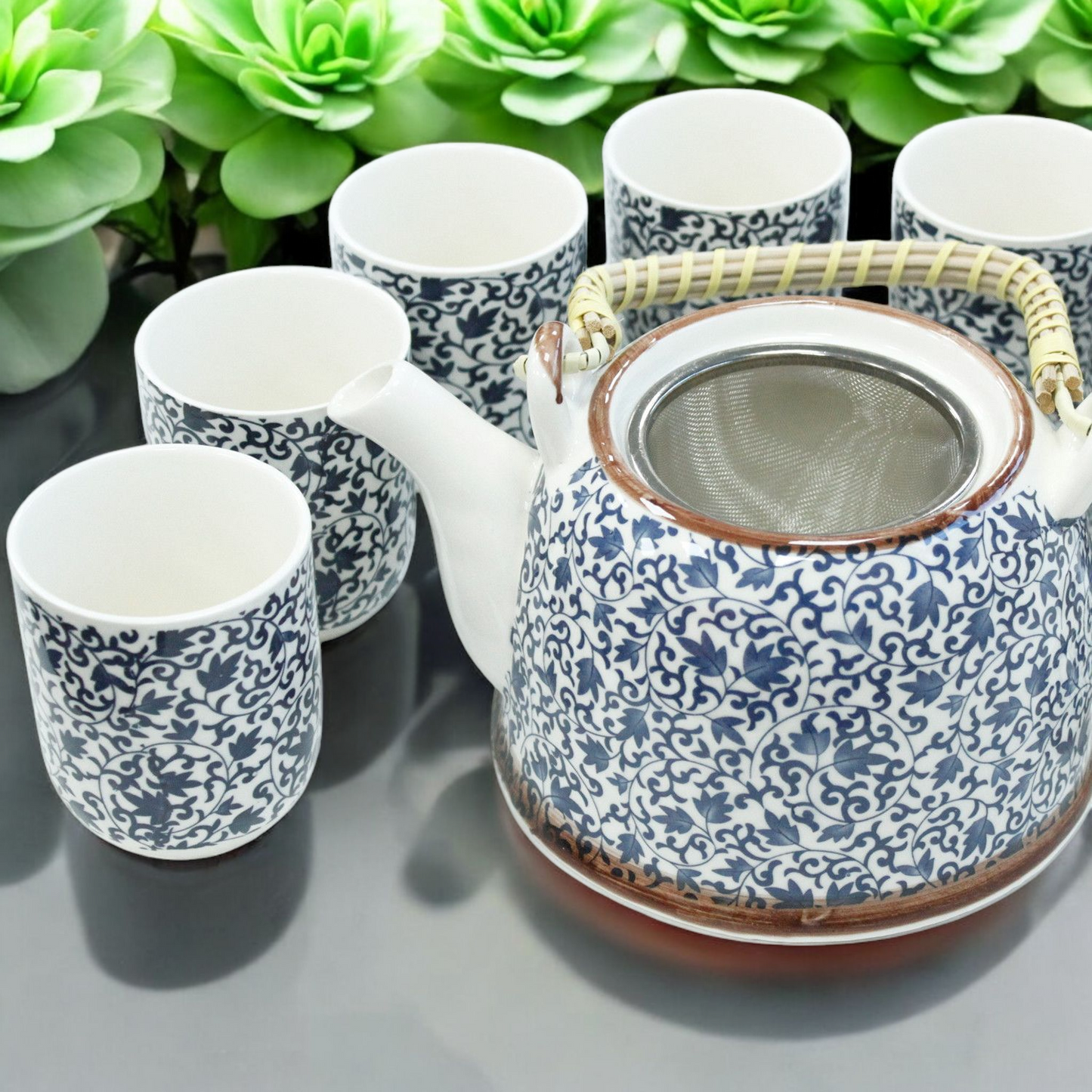 Chinese Herbal Tea Set - Blue Vine Pattern - 6 Cups and Infuser - Boxed