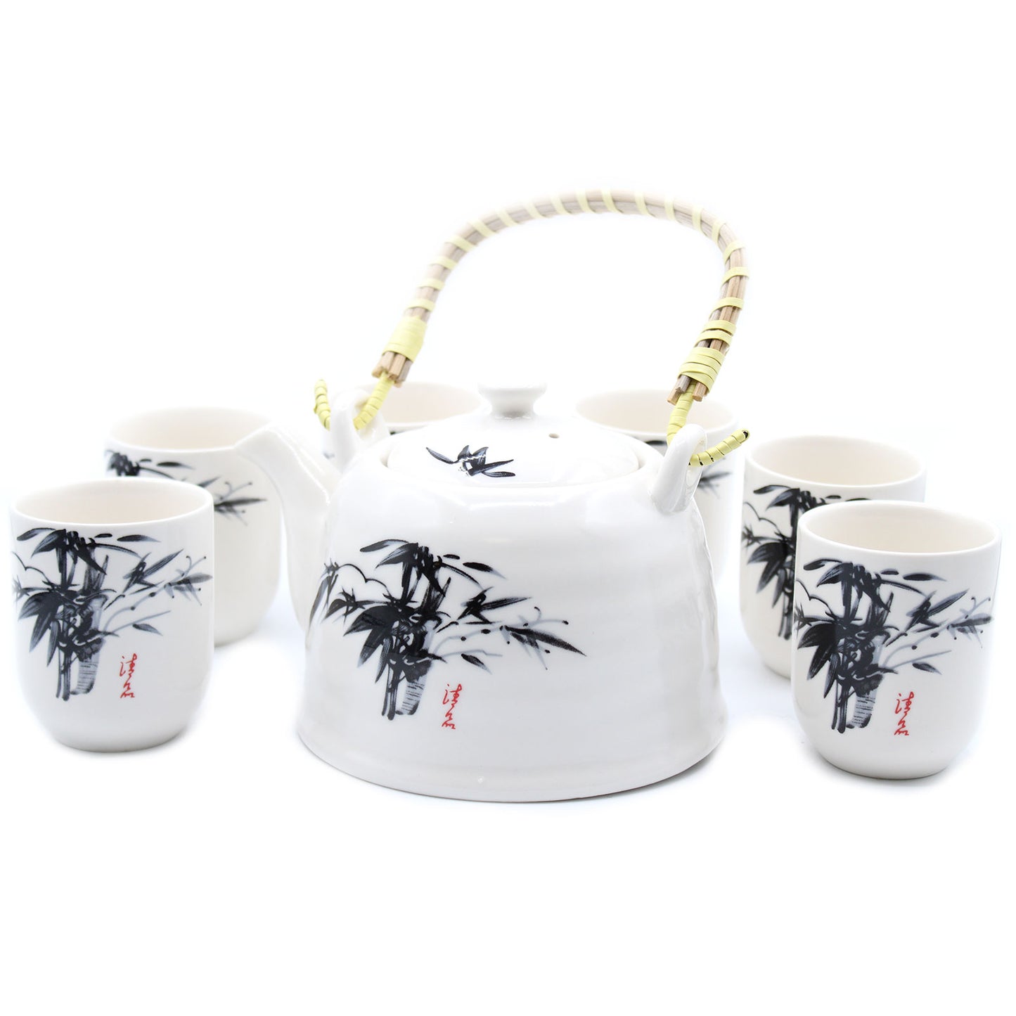 Chinese Ceramic Tea Set - Oriental Pattern - 6 Cups and Infuser - Boxed
