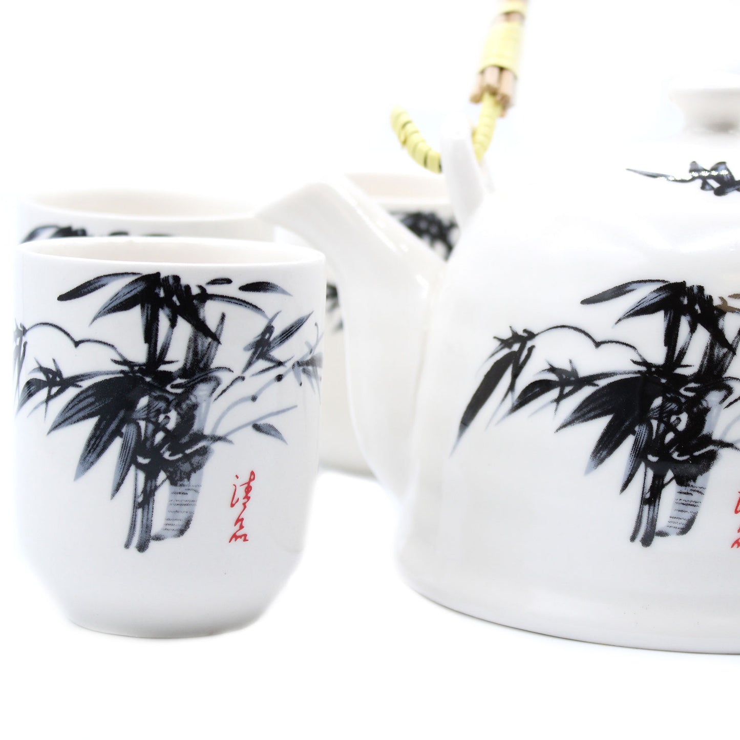 Chinese Ceramic Tea Set - Oriental Pattern - 6 Cups and Infuser - Boxed