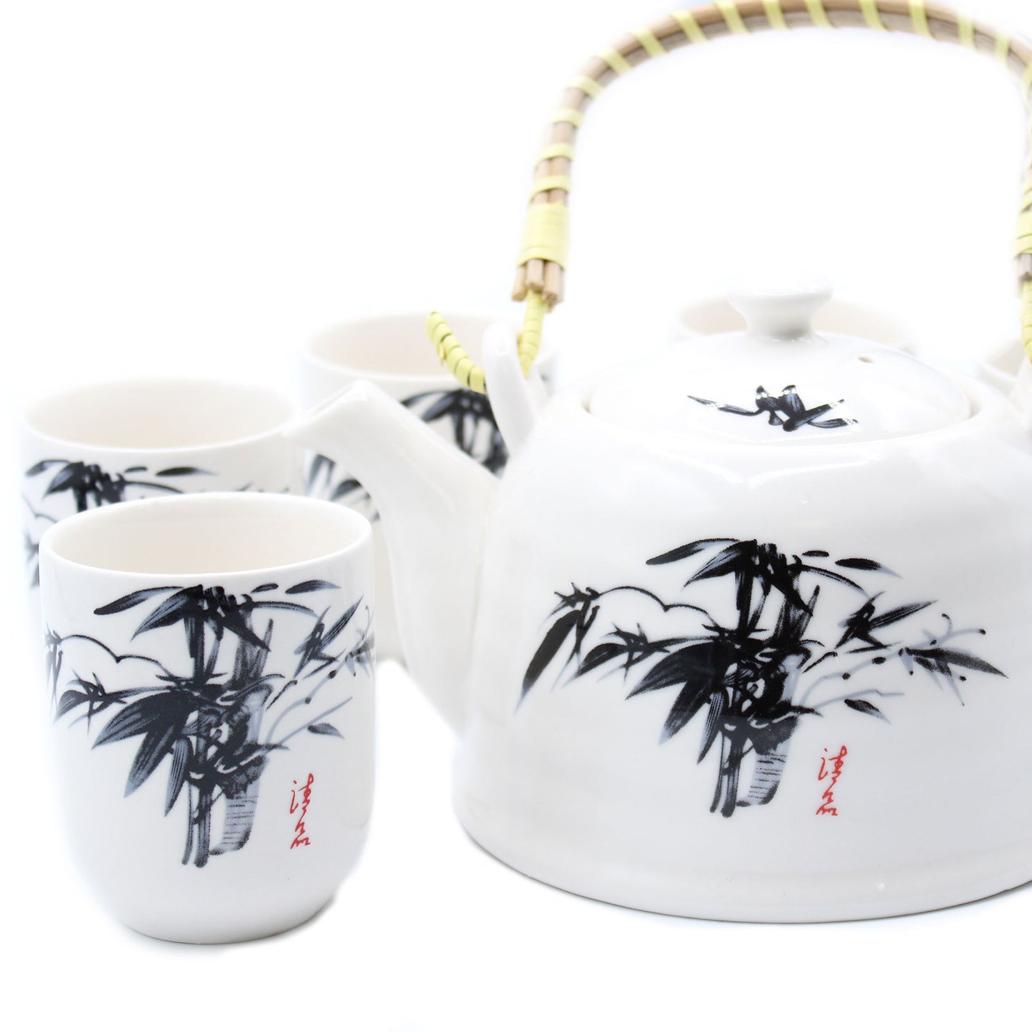 Chinese Ceramic Tea Set - Oriental Pattern - 6 Cups and Infuser - Boxed